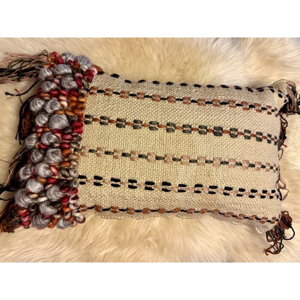 Loloi Wool Cotton Earthy Boho Embroidered Throw Pillow Rectangular 13" x 21"